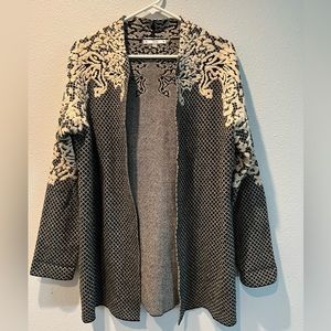 Sioni cardigan black with cream lace pattern. Size L.
